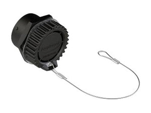 The Sparex ISOBUS Spare Parts, with Sparex Part Number S.165266, includes a black protective cap that features a metal securing wire. It is designed to cover and protect equipment ports or connectors and is compatible with Size 24 AHDP Series Plugs. This product is RoHS Approved by Amphenol.