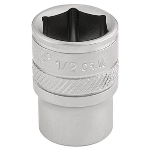 The Draper Imperial Socket, 1/4" Sq. Dr., 1/2" - B-AF/MS is a metallic socket featuring a 6-point design with a knurled ring and a hexagonal opening at the top for use with a ratchet or wrench.