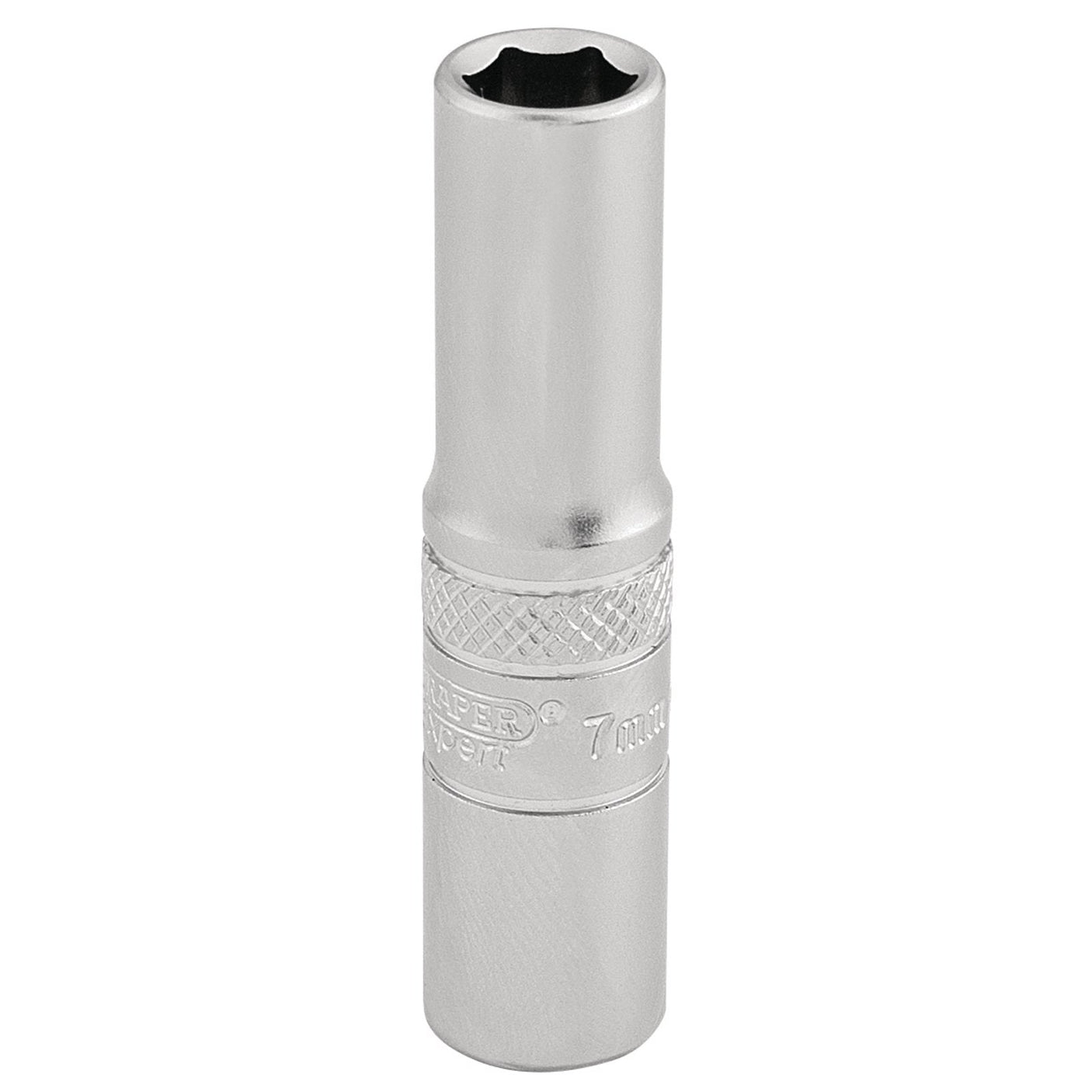 A Draper 6 Point Deep Socket, 1/4" Sq. Dr., 7mm deep socket, crafted from durable chrome vanadium steel and featuring a knurled grip section.