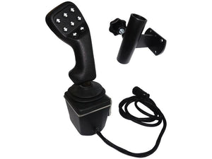 The Sparex ISOBUS Joystick (Part Number: S.165285) is a black joystick controller featuring XY axes, multiple directional buttons, a mounting bracket, and a coiled cord.