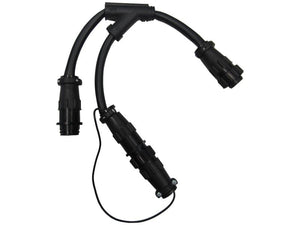 The ISOBUS AuxN InCab Y-Adapter (Sparex Part Number: S.165286) is a black, Y-shaped electrical cable splitter from Sparex featuring 9 Pin connectors, equipped with two outputs and a single input, designed for connecting multiple devices.