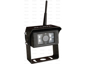 The Sparex MachineCam Mobility HD - Wireless Replacement Camera (Sparex Part Number: S.165291) is a black outdoor security system with a rectangular housing and visible infrared LEDs to enhance night vision. It comes complete with a mounting bracket and an antenna for 2.4GHz wireless connectivity, ensuring reliable performance day and night.