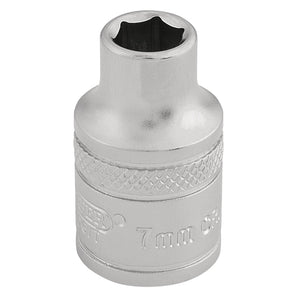 The Draper 6 Point Metric Socket, 3/8" Sq. Dr., 7mm - D-MM/MS features a chrome-finished, textured grip and a hexagonal opening, made from durable chrome vanadium steel. It is designed for use with compatible tools from Draper.