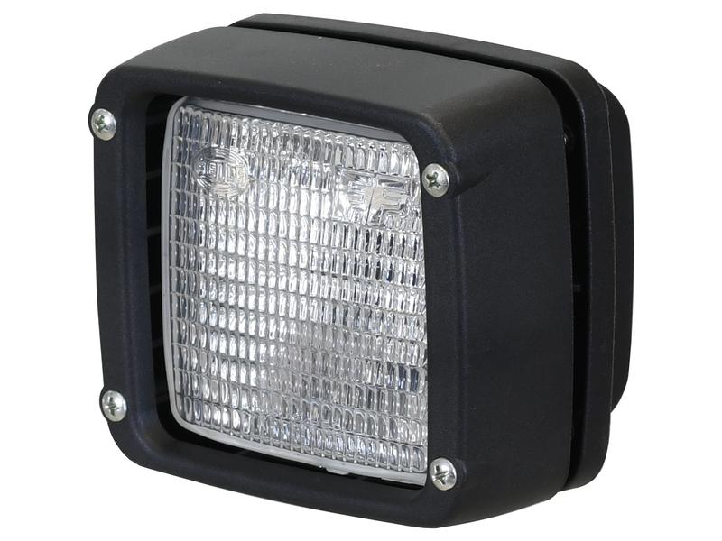 A close-up image of a square halogen work light with a black protective casing, designed for flush mount installation, identifiable as Sparex Work Light (Halogen), Square, RH & LH, 12-24V | Sparex Part Number: S.165346.