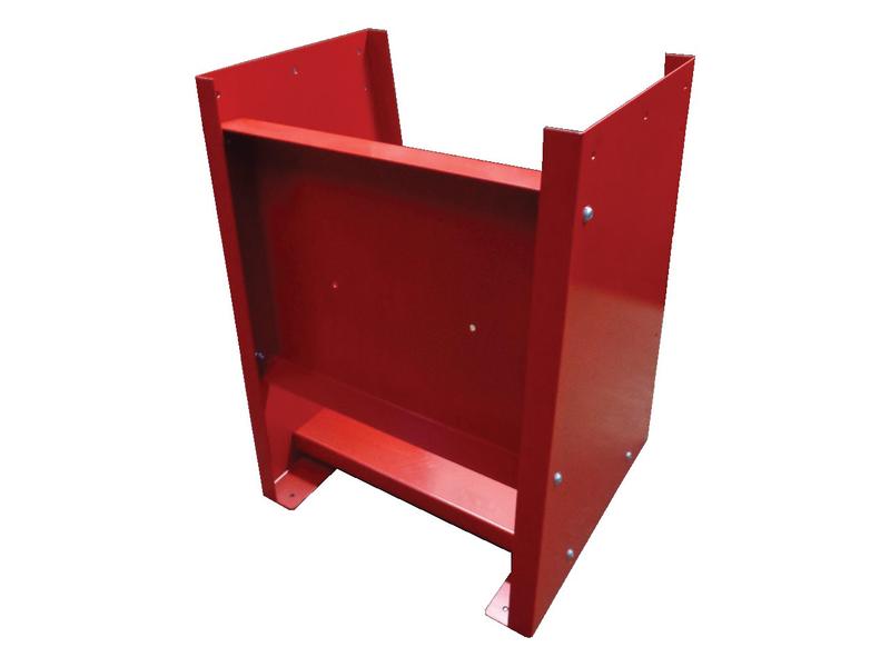 The Banner Floor Stand for BS20MINI & BS24-40B Machines (Sparex Part Number: S.165351) by Sparex is a red, metal stand featuring a rectangular base and two side walls. Ideal for supporting or holding equipment, it perfectly complements related products for an organized setup.