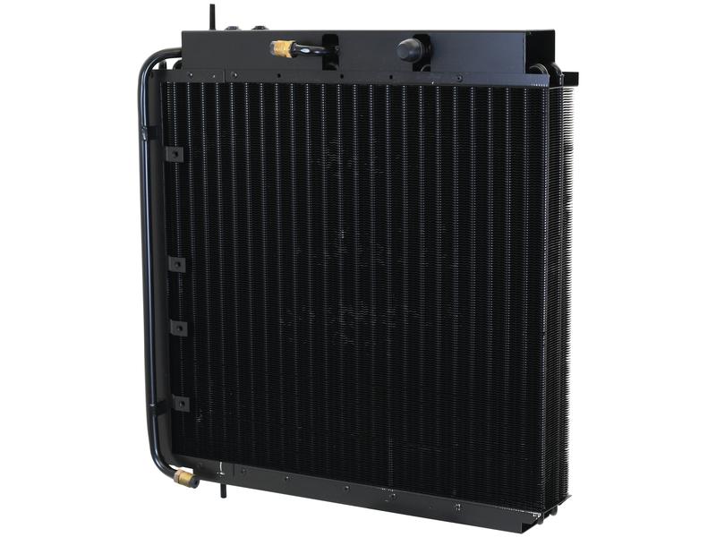 A large black metal condenser, featuring fine fins and pipes on either side and boasting an impressive core height, is now available from Sparex with the part number S.165363.