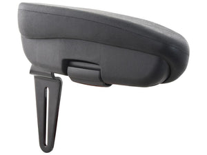 Black RH Armrest from Sparex (S.165381) with cup holder attachment in a retracted position, shown in a side view on the Sears model 156652.