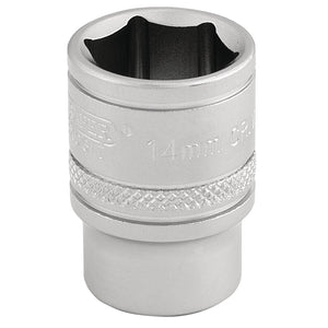 The Draper 6 Point Metric Socket, 3/8" Sq. Dr., 14mm - D-MM/MS, is made of chrome vanadium steel and features a micro satin finish and knurled grip with a hexagonal opening.