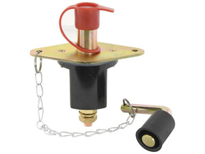 The Sparex Battery Cut Off Switch, a heavy-duty brass and black switch with a red safety cap and chain, designed for automotive use, is capable of handling 250 amps at 12-48V. (Sparex Part Number: S.165413)