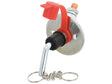 The Sparex Battery Cut Off Switch - Standard Duty (Sparex Part Number: S.165415) is a metal valve featuring a red plastic cap, a hook, and a chain attached to a round baseplate with two holes, designed for 12-24V systems and capable of handling 150 amps.