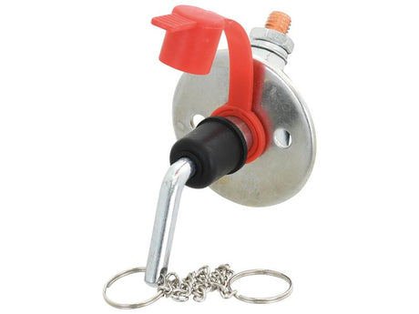 The Sparex Battery Cut Off Switch - Standard Duty (Sparex Part Number: S.165415) is a metal valve featuring a red plastic cap, a hook, and a chain attached to a round baseplate with two holes, designed for 12-24V systems and capable of handling 150 amps.