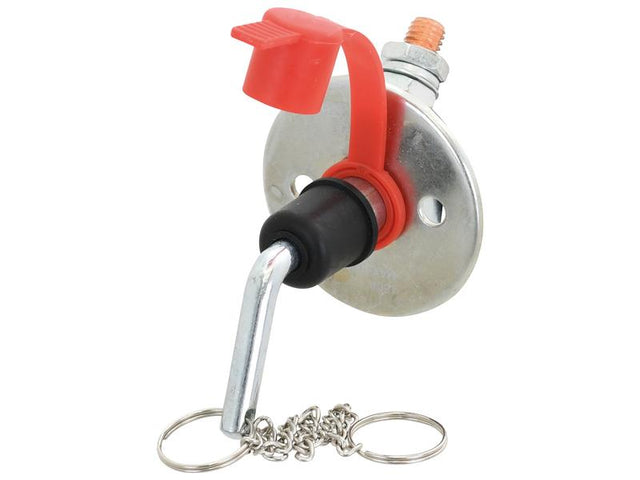 The Sparex Battery Cut Off Switch - Standard Duty (Sparex Part Number: S.165415) is a metal valve featuring a red plastic cap, a hook, and a chain attached to a round baseplate with two holes, designed for 12-24V systems and capable of handling 150 amps.