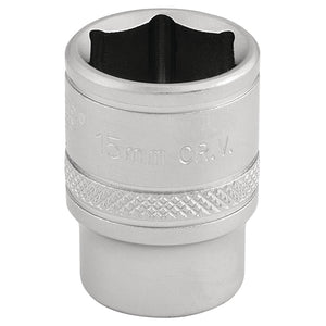 A Draper 6 Point Metric Socket, 3/8" Sq. Dr., 15mm - D-MM/MS featuring a chrome finish and a knurled grip for enhanced durability.