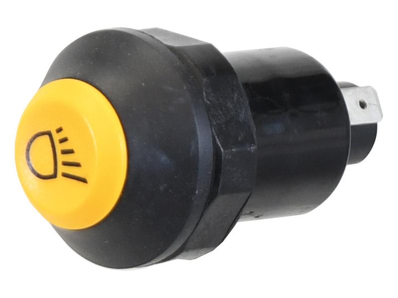 The Front Worklight Switch, Sparex Part Number S.165433 by Sparex, features a yellow push button with a headlight symbol, enclosed in a black cylindrical casing with an electrical connector at the back. It is ideal for various applications and falls under Tariff Code 8536501990.