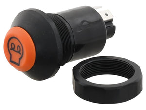 The Sparex Starter Switch - Push Button (Part Number: S.165437) features a black and orange start switch with a bulb symbol on the orange cap, accompanied by a black locking ring and 4 spade terminals.