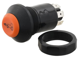 Here's a close-up of the Push Button Switch (Sparex Part Number: S.165438) from Sparex, showcasing its black and orange design with a truck symbol. It features 12/24V compatibility and includes a black plastic mounting nut with Spade Terminals.