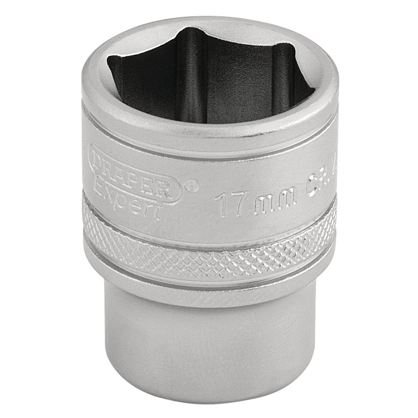 A close-up of the Draper 6 Point Metric Socket, 3/8" Sq. Dr., 17mm - D-MM/MS, crafted from chrome vanadium steel with a metallic body and knurled grip. Featuring a micro satin finish, this Draper socket is ideal for use with ratchet tools.