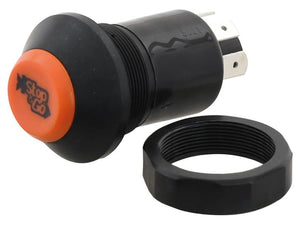 The Push Button Switch (Sparex Part Number: S.165444) from Sparex is a black and orange stop button, supplied with an accompanying mounting nut, designed for use as an emergency stop mechanism in machinery or electrical equipment. It is compatible with Sparex Connectors and 12/24V systems.