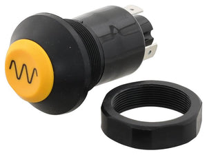 A yellow push button Air Con Switch (Sparex Part Number: S.165445) featuring a wavy line symbol, black housing, threaded collar, and three Sparex Connectors for 12/24V systems is placed next to a black plastic nut.