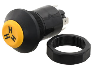 The Sparex Push Button Switch (Part Number S.165448) is a round switch in black and yellow, featuring 3 spade terminals. It is compatible with 12/24V systems and includes a black threaded nut.