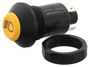 The Sparex Worklight Switch (Part Number: S.165449) is a black and yellow push-button switch featuring a headlight icon, perfect for Sparex work lights, and includes a separate black threaded ring.