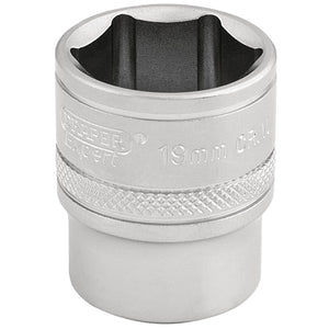 A Draper 6 Point Metric Socket, 3/8" Sq. Dr., 19mm - D-MM/MS, made from chrome vanadium steel with a knurled ring, labeled "Expert" and "19mm CR-V." The socket has a chrome finish and features a six-point design.