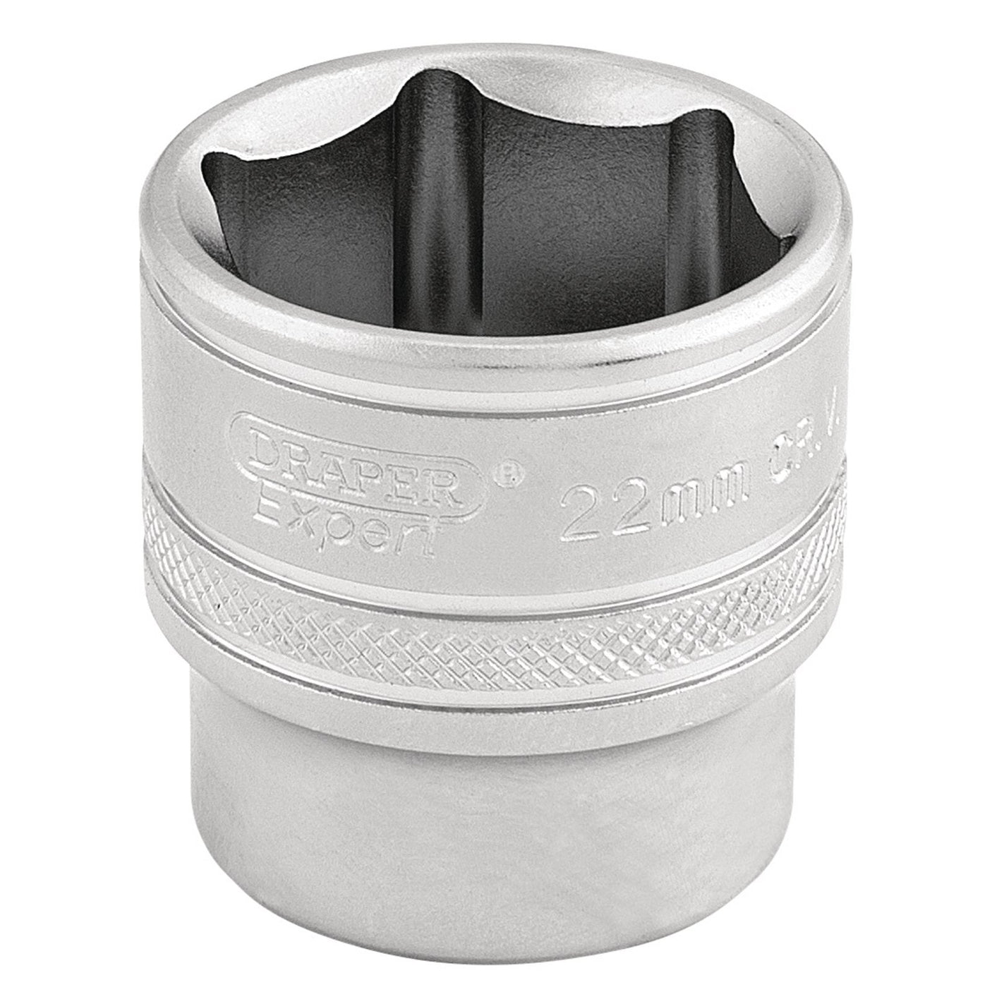 A Draper 6 Point Metric Socket, 3/8" Sq. Dr., 22mm - D-MM/MS, made from durable chrome vanadium steel with a knurled grip and micro satin finish, designed for use with a ratchet or wrench.