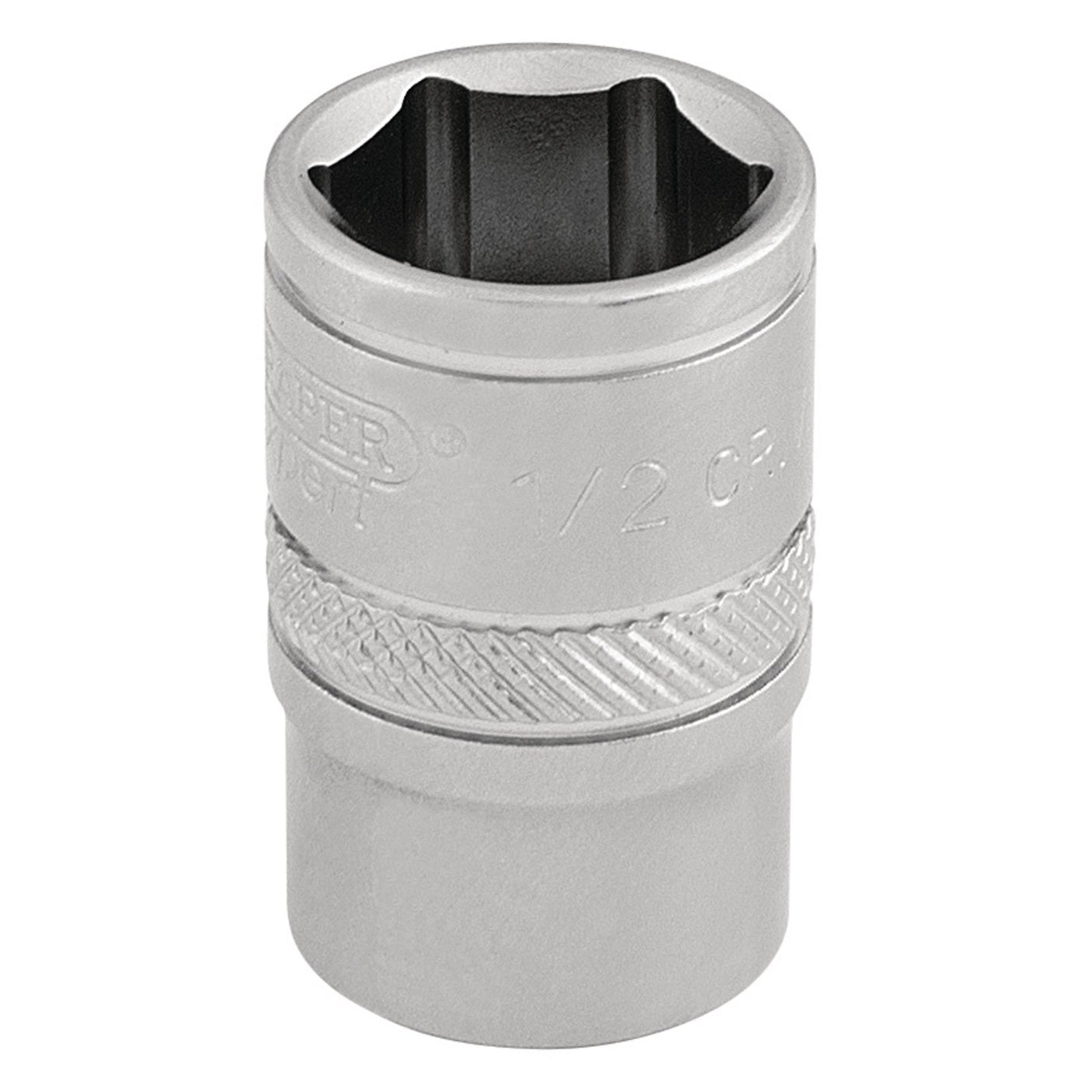 A close-up view of the Draper 6 Point Imperial Socket, 3/8" Sq. Dr., 1/2" - D-AF/MS crafted from durable chrome vanadium steel, showcasing its cylindrical shape and knurled grip surface. This high-quality socket is designed for use with corresponding ratchet tools and features a micro satin finish for enhanced durability and style.