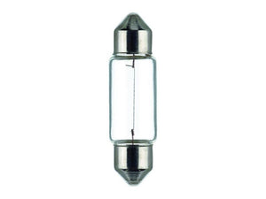 A halogen light bulb with metallic ends, designed for 12V systems to ensure circuit protection from overcurrent, while maintaining clear light color functionality. Product details: Light Bulb (Halogen) C5W, 12V, 5W, SV8.5-8 (Box of 10 pcs.), Sparex Part Number: S.165677 from Sparex.