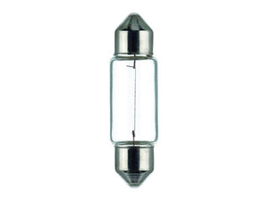 A clear glass halogen light bulb with metallic caps on both ends, featuring a visible filament inside, similar in design to the Sparex Light Bulb (Halogen) C5W, 12V, 5W, SV8.5-8 (Clamshell 2 pcs.), Part Number S.165678.