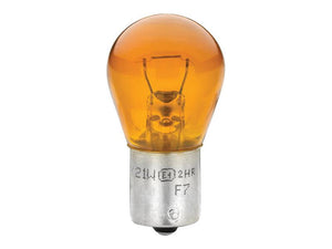 This Sparex Light Bulb (Halogen) PY21W features an amber-colored design and a metallic base with a visible filament inside. The base is labeled "21W (12V)," ensuring it's both functional and aesthetically pleasing. This pack contains two light bulbs, packaged in clamshell packaging under Sparex Part Number S.165720.