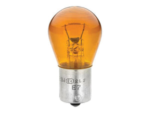 A transparent PY21W halogen bulb with an amber color and a metal base labeled "24V 21W BAU15s E1 2LS E7." The filament and internal components are easily visible through the light bulb. This product, known as Light Bulb (Halogen) PY21W, 24V, 21W, BAU15s, is part of the Sparex brand and comes in a box of 10 pieces (Sparex Part Number: S.165721).