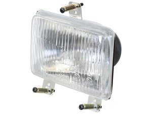 A rectangular Hella vehicle headlight with a clear, ribbed lens and metal brackets attached on the sides and bottom, featuring a Sparex 12V, 1W LED light bulb (Sparex Part Number: S.165752) that emits Cool White illumination.