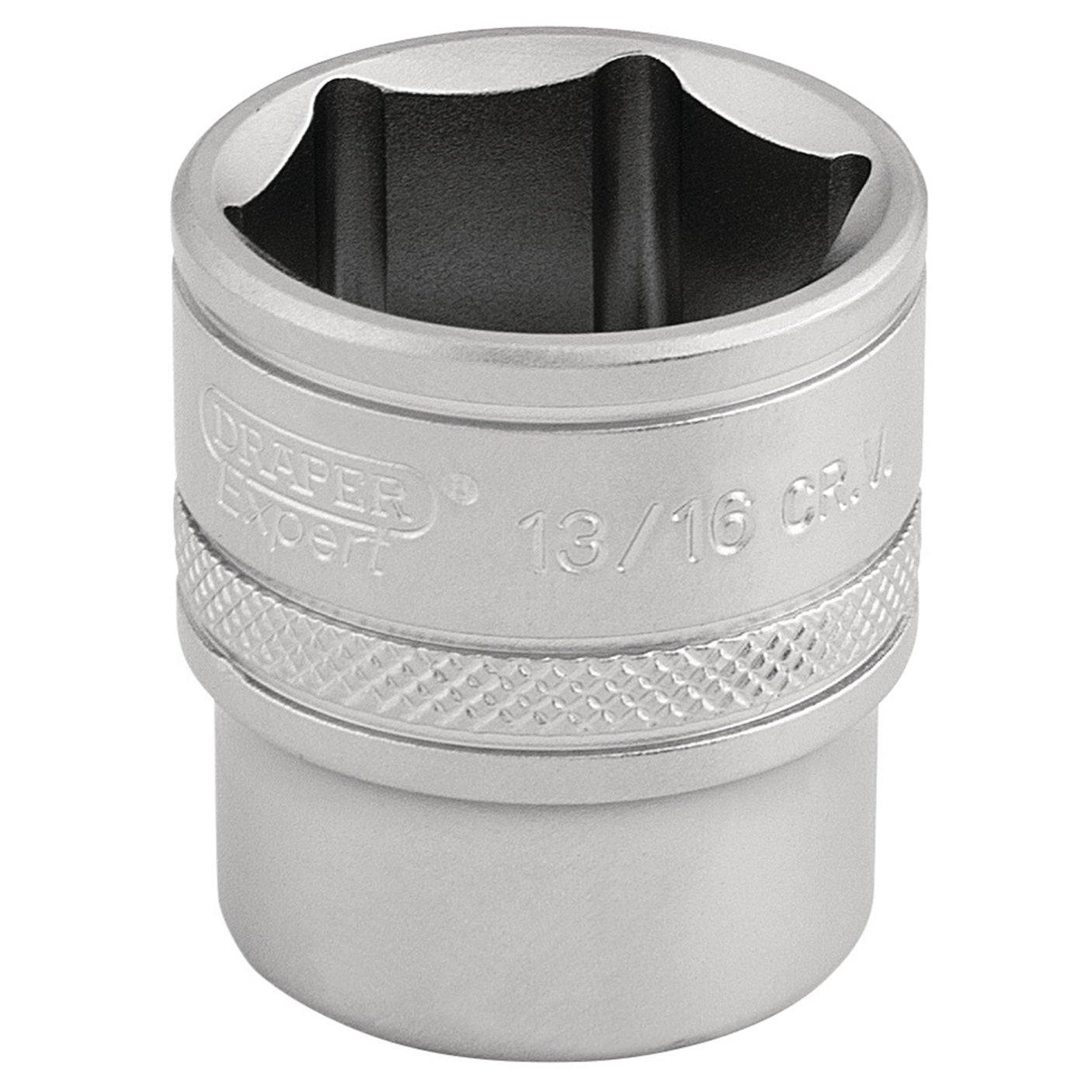 The Draper 6 Point Imperial Socket, 3/8" Sq. Dr., 13/16" - D-AF/MS is crafted from durable chrome vanadium steel and designed with a knurled grip for better handling. This quality socket, by Draper, features a micro satin finish and is ideal for use with a ratchet or torque wrench.