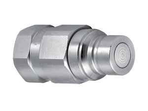 Close-up of the Sparex Faster Flat Faced Coupling, featuring a male 1" body and 1" BSP female thread (Sparex Part Number: S.165783), with hexagonal nuts on one end and a rounded, flat face on the other. Showcasing its robust industrial design, this coupling is made from durable carbon steel to ensure maximum working pressure.