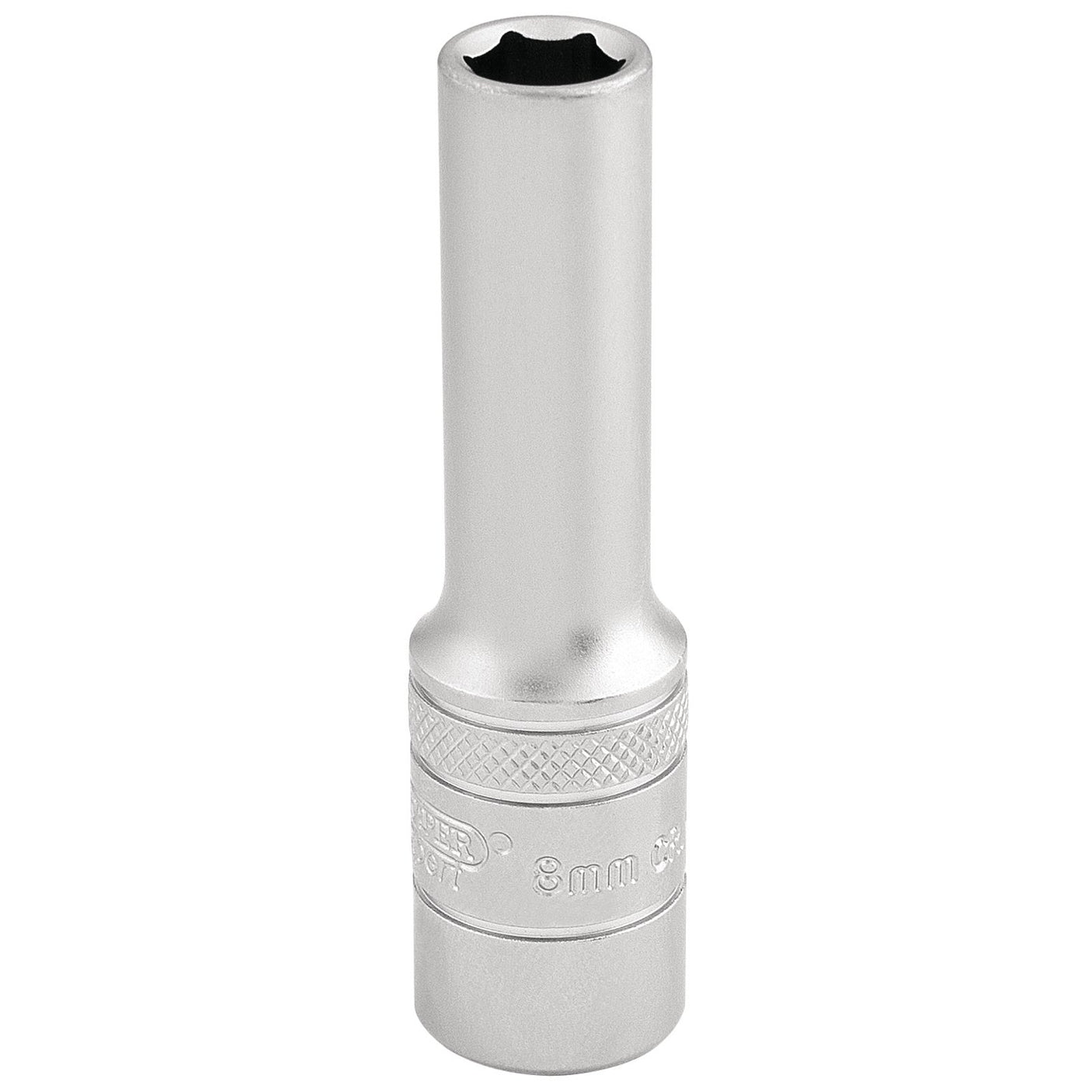 The Draper 6 Point Metric Deep Socket, 3/8" Sq. Dr., 8mm - DT-MM/MS is a high-quality tool made from polished chrome vanadium steel, featuring a textured extra grip near the base and a precise 6-point socket design.