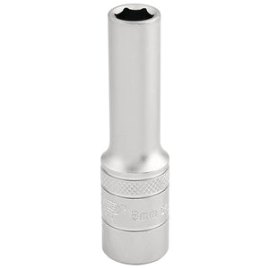 The Draper 6 Point Metric Deep Socket, 3/8" Sq. Dr., 8mm - DT-MM/MS is a high-quality tool made from polished chrome vanadium steel, featuring a textured extra grip near the base and a precise 6-point socket design.