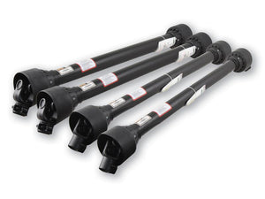 The PTO Shaft Bundle (Sparex Part Number: S.165791) features four black drive shafts arranged horizontally, ideal for tractor implements. Each shaft is labeled and has connection points at both ends, with measurements of 1 3/8'' x 6 Spline, ensuring your machinery runs smoothly with Sparex reliability.