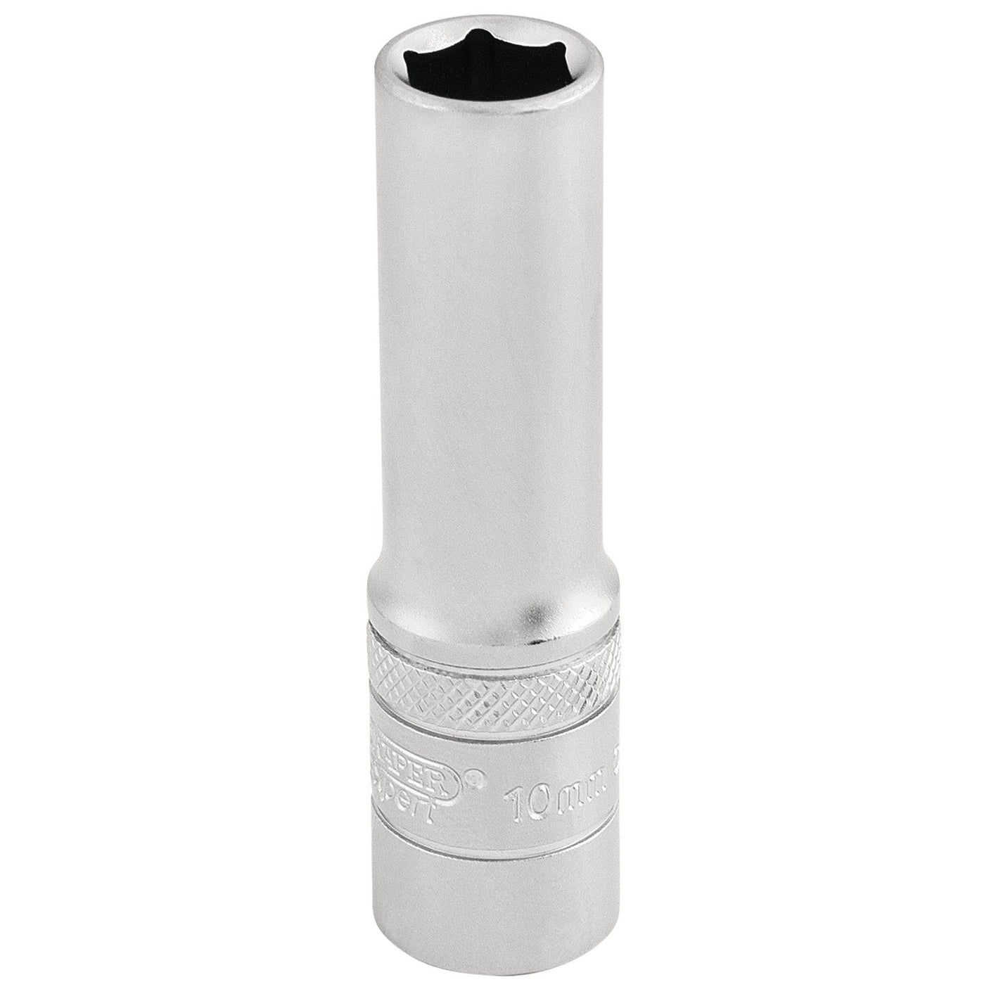 A silver, cylindrical Draper 6 Point Metric Deep Socket with a knurled grip, labeled "10 mm 3/8 Dr," made from durable chrome vanadium steel.