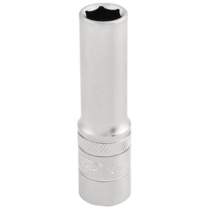 A silver, cylindrical Draper 6 Point Metric Deep Socket with a knurled grip, labeled "10 mm 3/8 Dr," made from durable chrome vanadium steel.