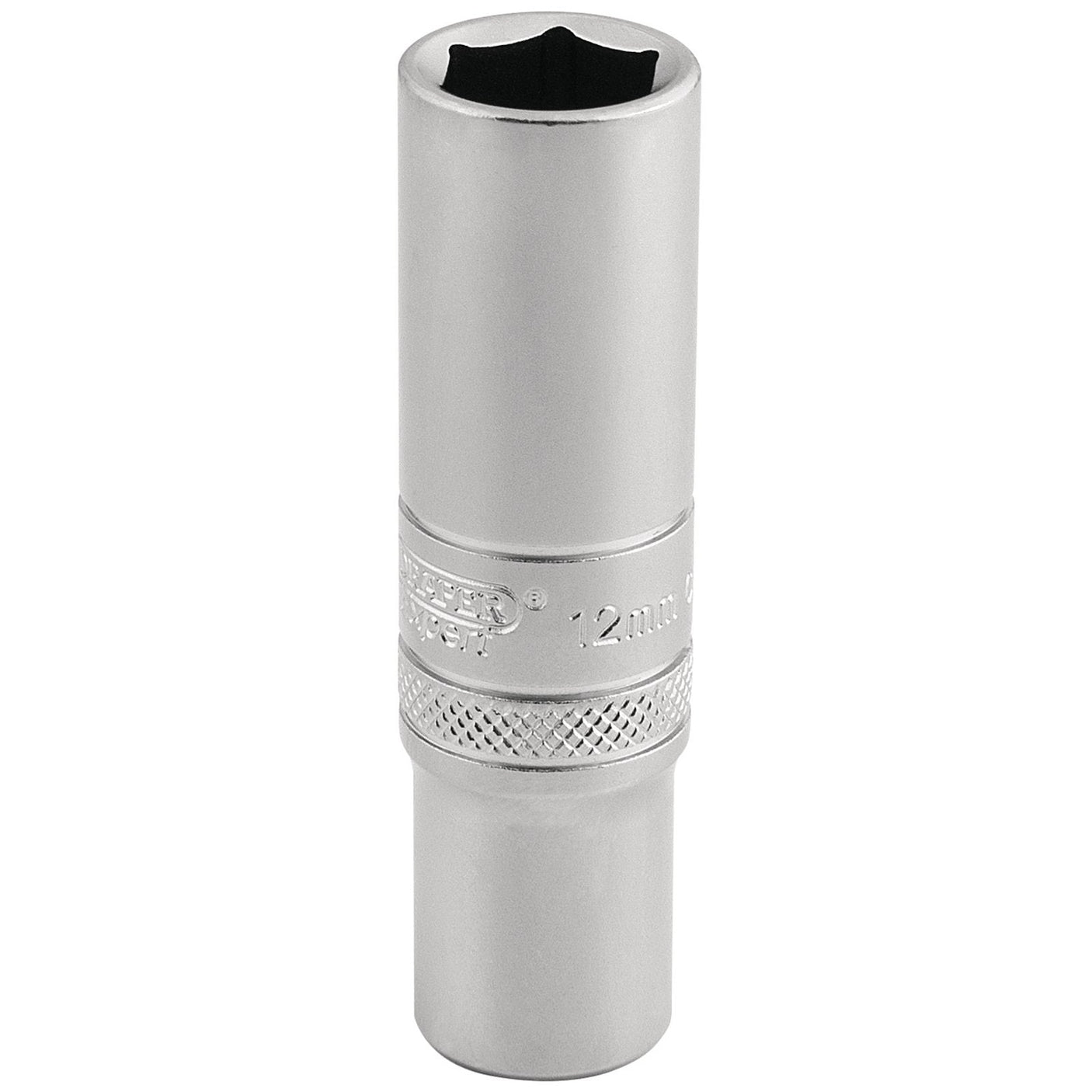 The Draper 6 Point Metric Deep Socket, 3/8" Sq. Dr., 12mm - DT-MM/MS is a durable chrome vanadium steel wrench attachment with a cylindrical shape and a hexagonal opening at one end, commonly used for tightening or loosening nuts and bolts.