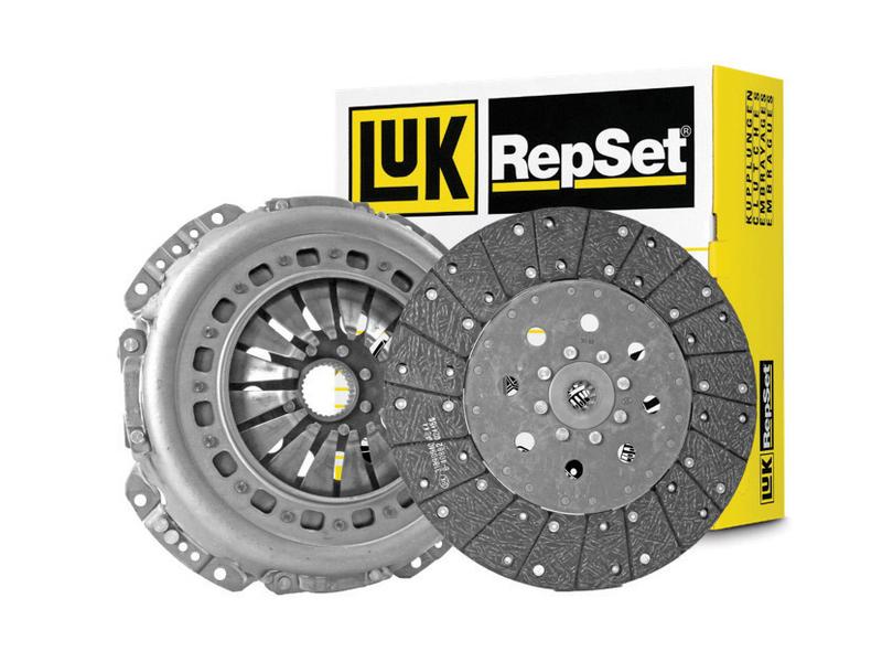 Image of a Sparex Clutch Kit without Bearings (S.165820) featuring an organic disc and clutch pressure plate with a pressed steel housing, displayed in front of the product’s packaging box.