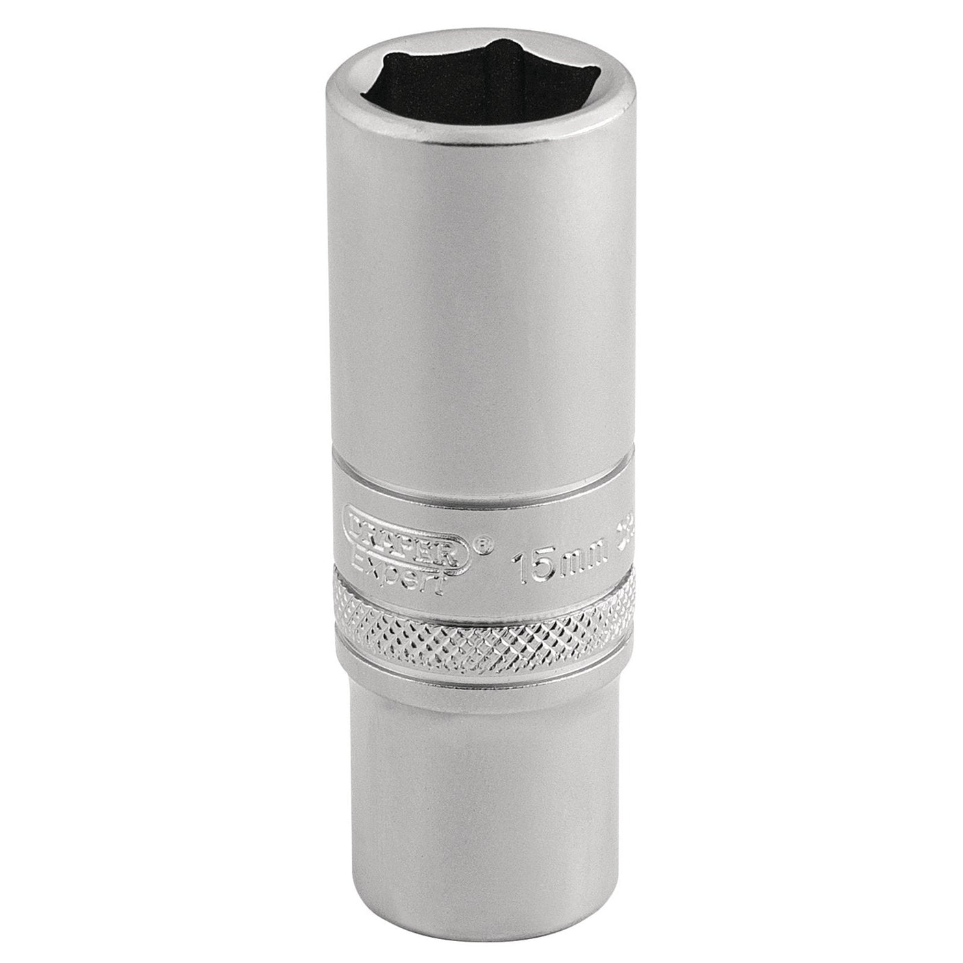 The Draper 6 Point Metric Deep Socket, model DT-MM/MS, is made from chrome vanadium steel and features a silver finish. It includes a 15mm hex opening on one end and a 3/8" square drive on the other, with a knurled ring for added grip. The socket is shown in a vertical position.