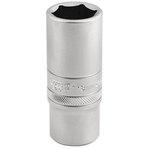 The Draper 6 Point Metric Deep Socket, 3/8" Sq. Dr., 19mm - DT-MM/MS is a silver socket wrench head crafted from durable chrome vanadium steel. It features a knurled ring for enhanced grip and Draper brand markings.