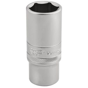 The Draper 6 Point Metric Deep Socket, 3/8" Sq. Dr., 20mm - DT-MM/MS is a silver deep socket wrench made from durable chrome vanadium steel, featuring engraved brand and size markings and a 6-point socket for extra grip.