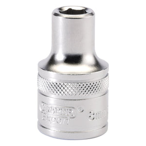 A chrome-plated Draper 6 Point Metric Socket, 1/2" Sq. Dr., 8mm - H-MM/MS with a knurled grip on a white background, crafted from durable chrome vanadium steel.