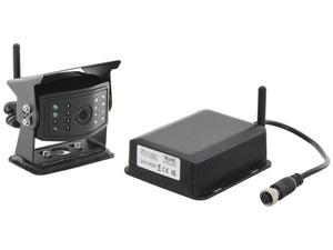 The Wireless Universal Tractor Fit Mobile Camera (Sparex Part Number: S.165969) by Sparex is a wireless security camera system featuring both a camera unit and a receiver unit, each equipped with antennas. The wireless camera includes infrared LEDs around the lens for superior night vision, and the receiver is designed with a labeled case.