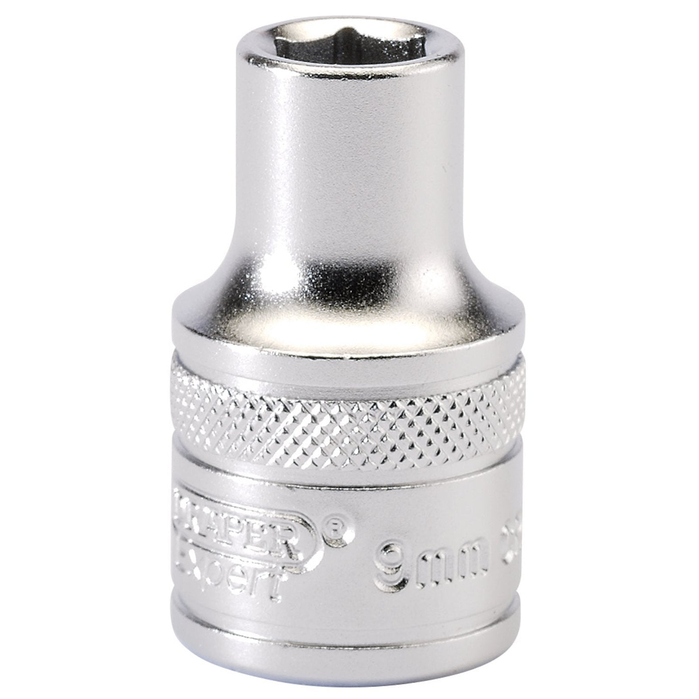 The Draper 6 Point Metric Socket, 1/2" Sq. Dr., 9mm - H-MM/MS is a shiny, metallic socket tool crafted from chrome vanadium steel. It features a knurled grip and a hexagonal opening, ensuring a secure fit for various bolts.