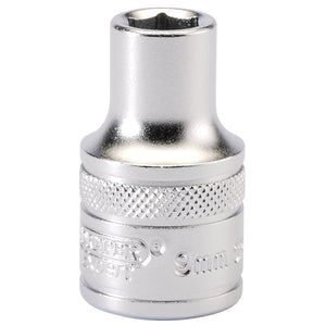 The Draper 6 Point Metric Socket, 1/2" Sq. Dr., 9mm - H-MM/MS is a shiny, metallic socket tool crafted from chrome vanadium steel. It features a knurled grip and a hexagonal opening, ensuring a secure fit for various bolts.