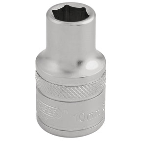 The Draper 6 Point Metric Socket, 1/2" Square Drive, 10mm - H-MM/MS is crafted from durable chrome vanadium steel and features a knurled grip for extra traction.